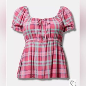 NWT Torrid 1X(14/16) Babydoll Crinkle Gauze Tie Front Puff Sleeve Top-Pink Plaid